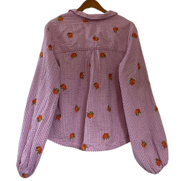 Anthropologie Maeve Embroidered Orange Pink Striped Button Down Shirt Women’s XL - Picture 4 of 16